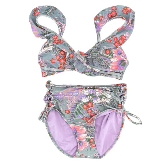 No Boundaries Bikini Set Floral Sage Green Pink Corset Flutter M Top L Bottoms - Picture 1 of 14